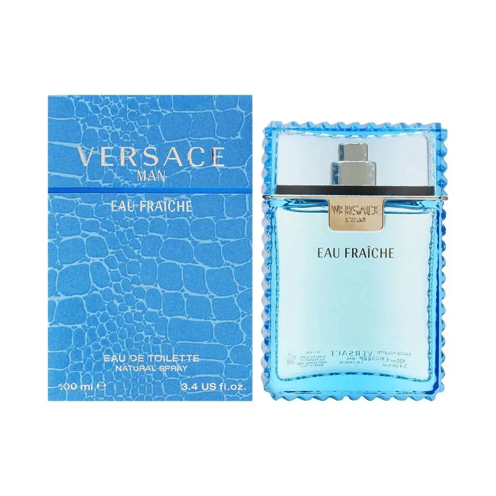 Versace Man Fresh Essence 3.4 oz EDT spray by Mandotos International, featuring sleek bottle design and fresh fragrance.