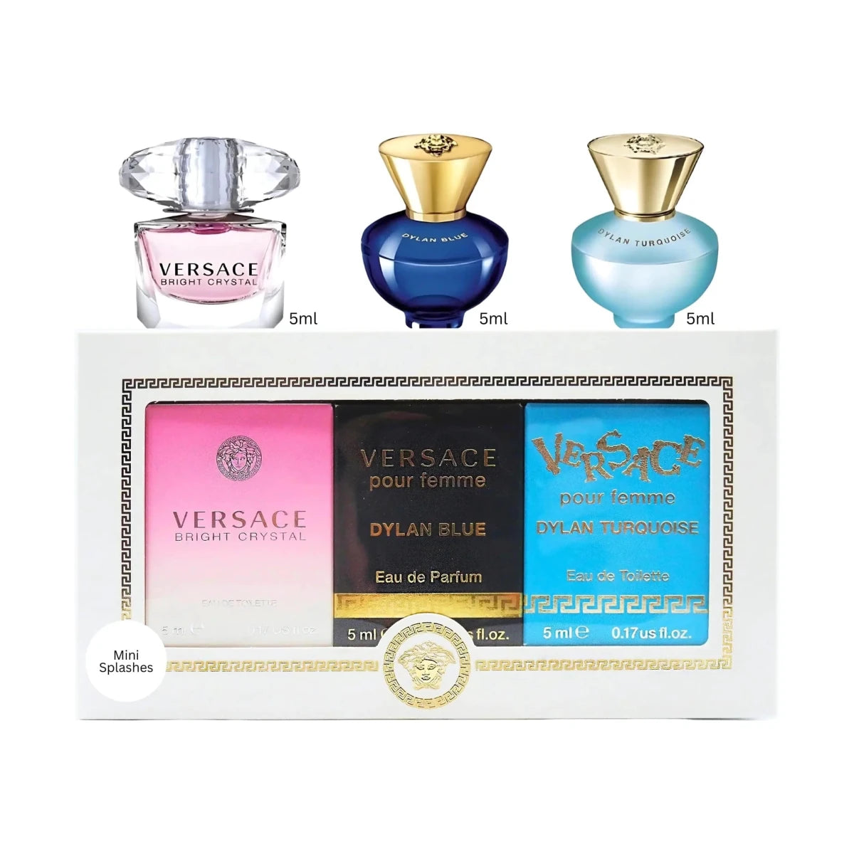 Versace Women's Mini Trio set featuring Dylan fragrances and Bright Crystal, displayed with perfume bottles and packaging.