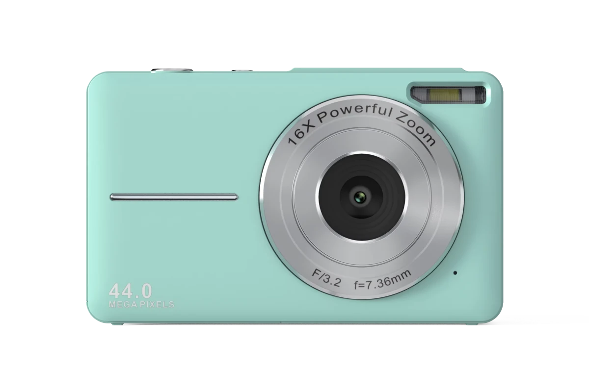 Vintage 4K compact camera by MANDOTOS INTERNATIONAL with 44MP photo display and retro design.