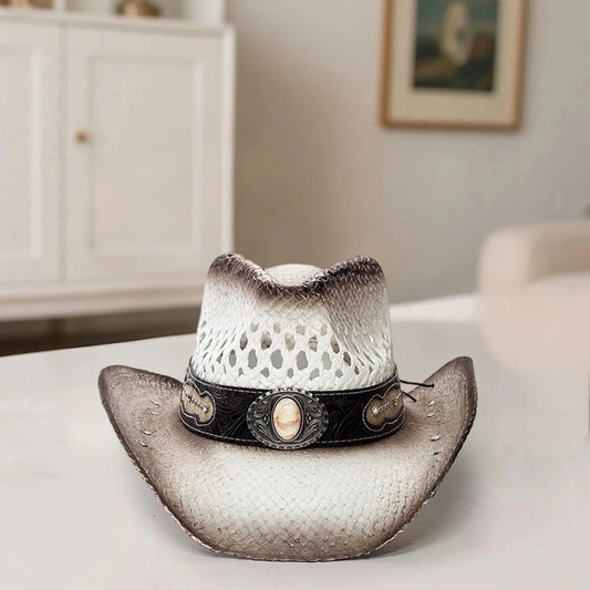Vintage-inspired Western straw cowboy hat with concho band, unisex rodeo cowgirl style by MANDOTOS INTERNATIONAL.