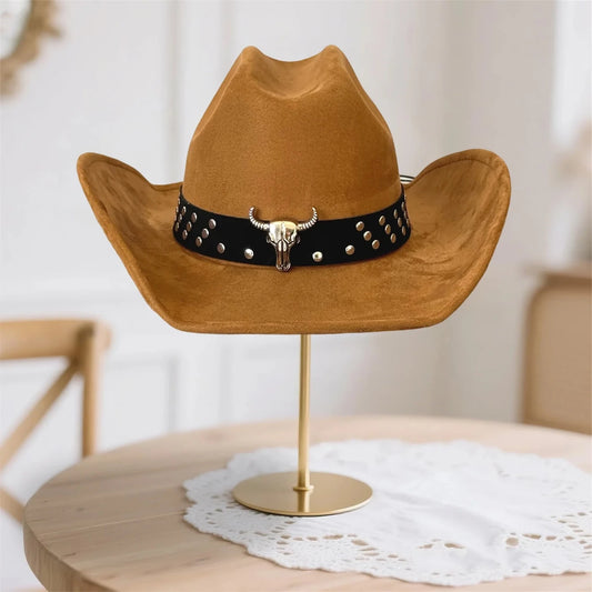 Vintage unisex cowboy hat by MANDOTOS INTERNATIONAL with bull head bead and wide brim fedora style.