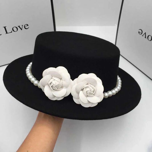 Vintage wool boater hat with pearl flower decor, classic British style fedora for women, by MANDOTOS INTERNATIONAL