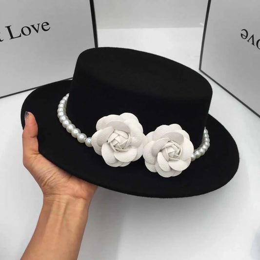 Vintage wool boater hat with pearl flower decor, classic British style fedora for women by MANDOTOS INTERNATIONAL