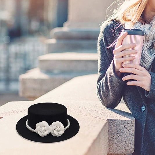 Vintage wool boater hat with pearl flower decor, classic British style fedora for women by MANDOTOS INTERNATIONAL.