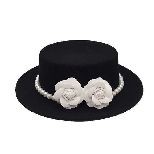 Vintage wool boater hat with pearl flower decor, classic British style fedora for women, by MANDOTOS INTERNATIONAL.