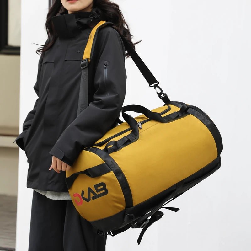 Mandotos International waterproof Oxford gym bag for men with duffel style, tote handles, and shoe compartment for sports gear.