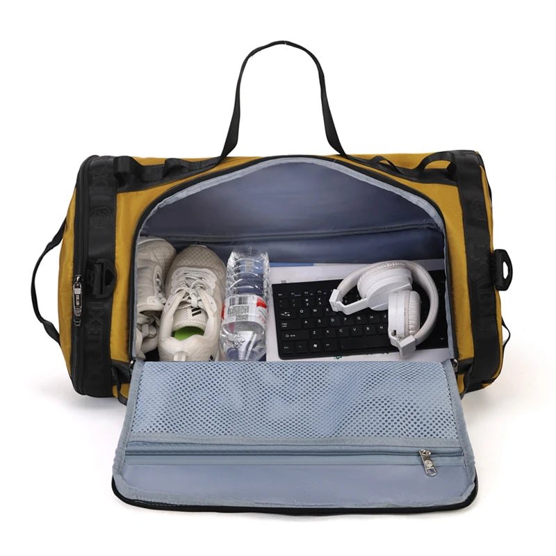 Mandotos International waterproof Oxford gym bag for men with duffel style, tote design, and shoe compartment for versatile use