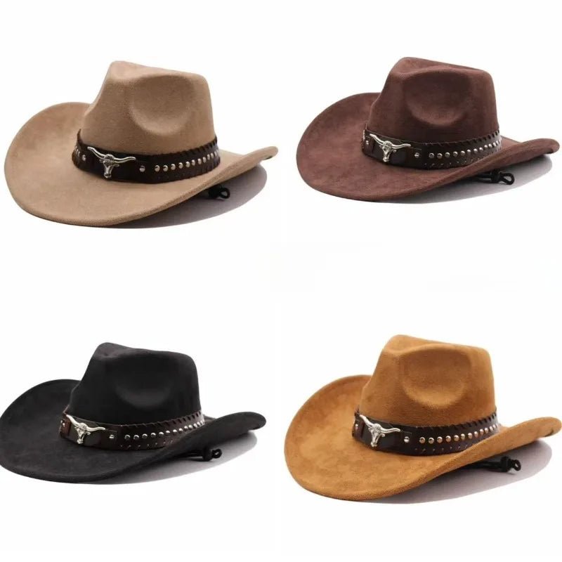 Mandotos International western cowboy hat with bullhead rivets, curved brim, windproof rope, and felt for outdoor riding and jazz style.