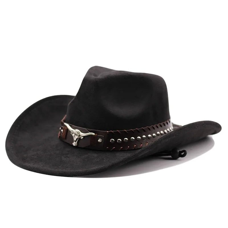 Mandotos International Western cowboy hat with bullhead rivets, curved brim, windproof rope, and felt for outdoor riding and jazz style.
