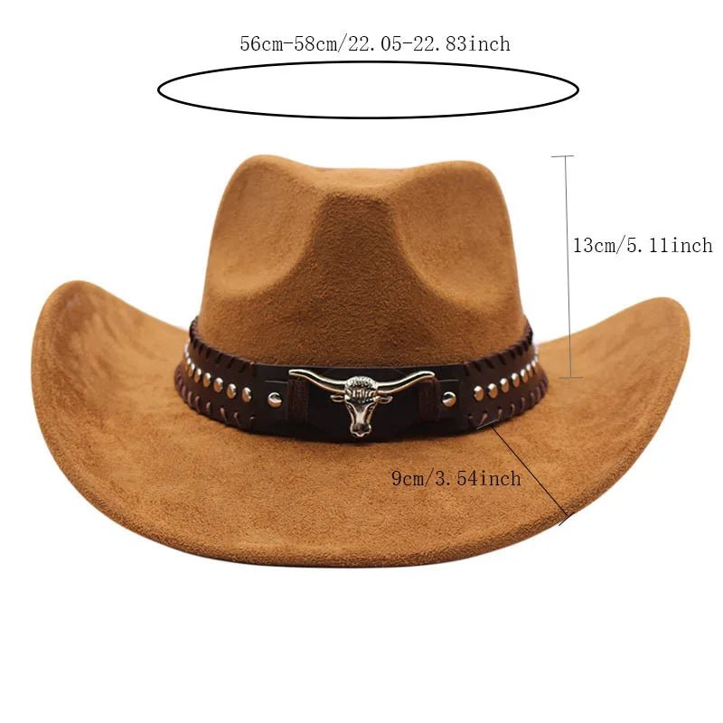 Western cowboy hat by MANDOTOS INTERNATIONAL with bullhead rivets, curved brim, windproof rope, felt material for outdoor riding and jazz.