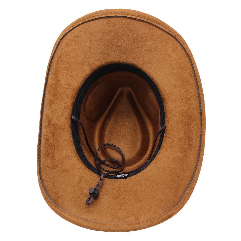 Mandotos International Western cowboy hat with bullhead rivets, curved brim, windproof rope, and felt for outdoor riding and jazz.