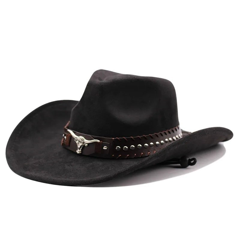 Mandotos International Western cowboy hat with bullhead rivets, curved brim, windproof rope, and felt for outdoor riding and jazz style.