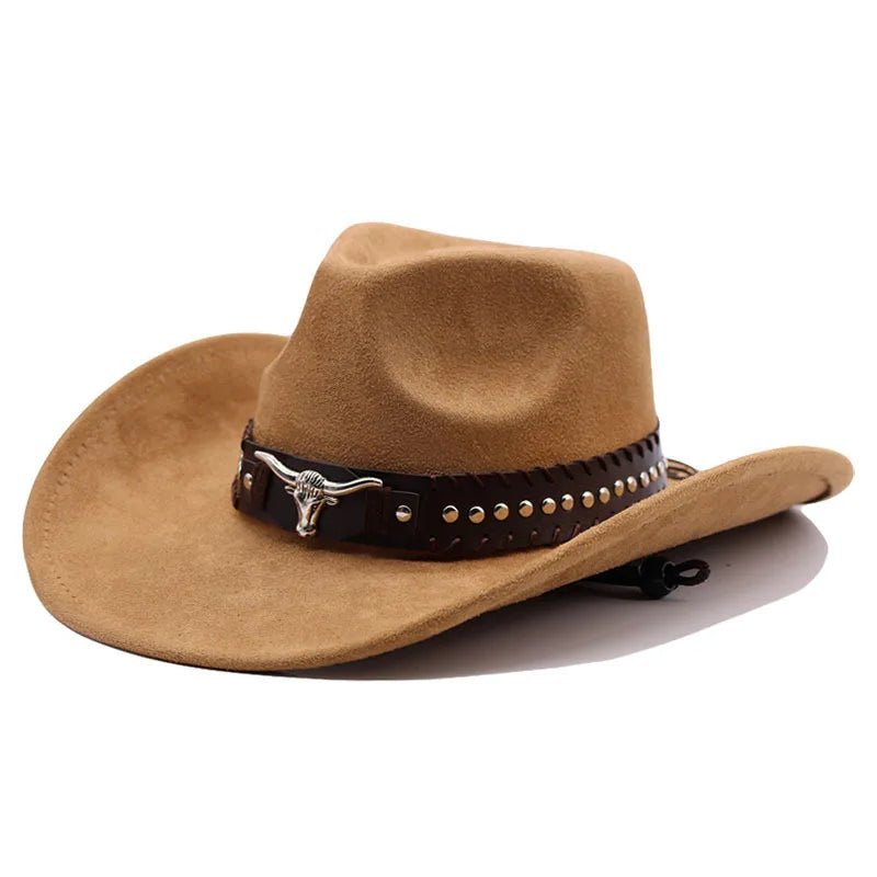 Mandotos International Western cowboy hat with bullhead rivets, curved brim, windproof rope, and felt for outdoor riding and jazz.