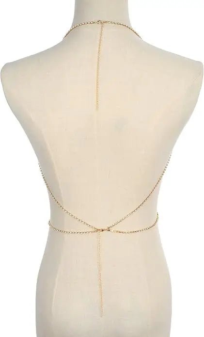 Women's gold body chain necklace bikini jewelry set with four pieces, featuring delicate chain details and stylish design.