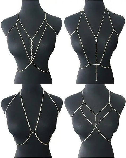 Women's gold body chain necklace bikini jewelry set with four pieces, featuring intricate gold chains and stylish design.