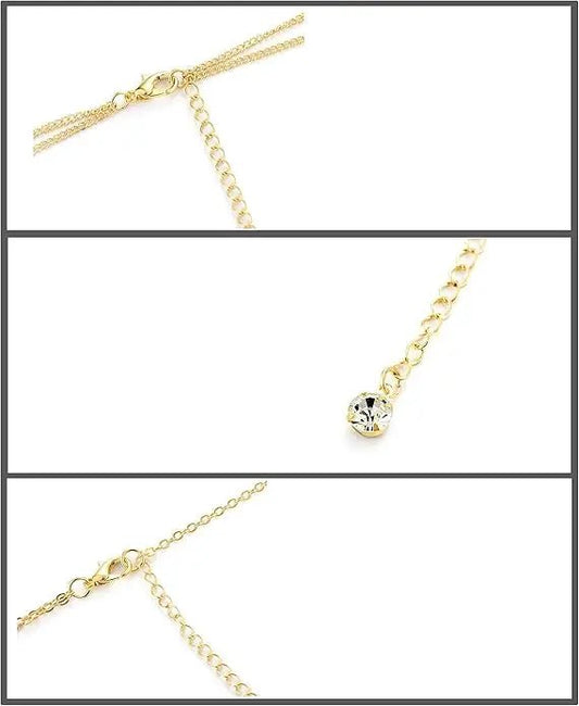 Women's gold body chain necklace bikini jewelry set with four pieces, featuring intricate chains and stylish design by MANDOTOS INTERNATIONAL.