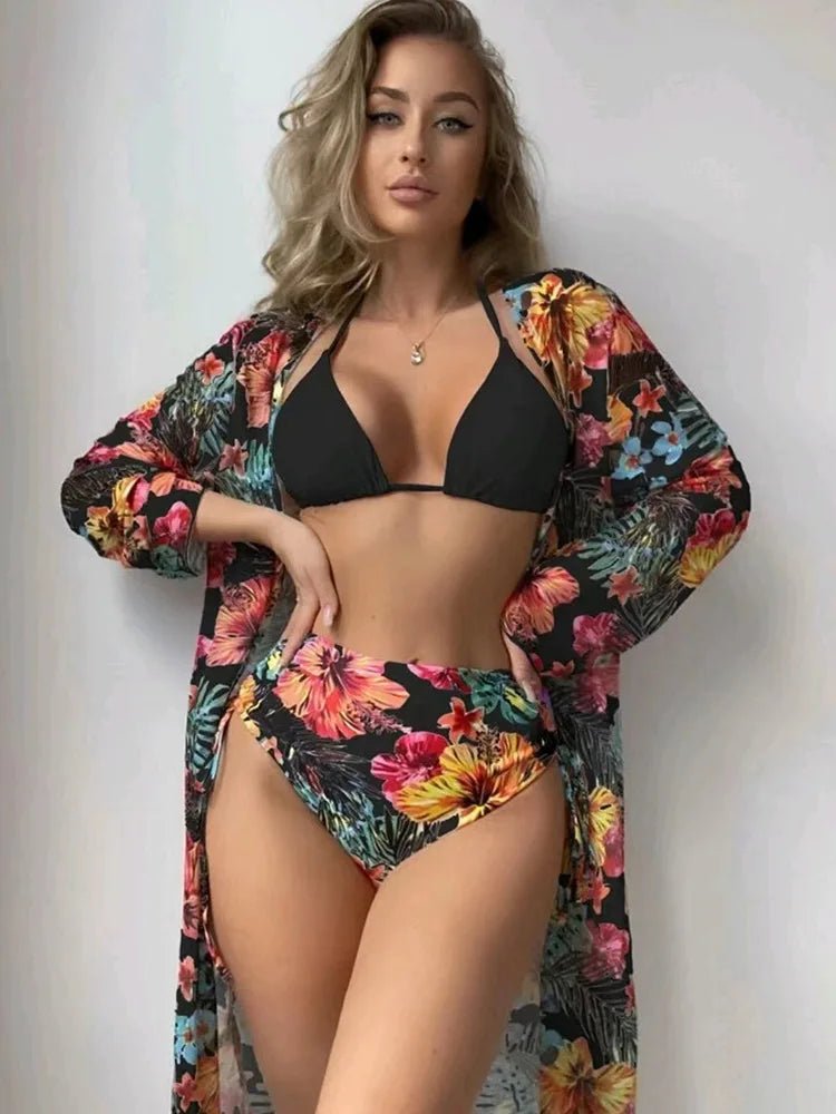 Mandotos International three-piece floral printed bikini swimwear for women, featuring a fashionable cover-up for beachwear and swim sessions.