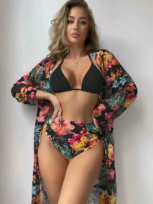 Mandotos International three-piece floral printed bikini swimwear for women, featuring a fashionable cover-up for beachwear and swim sessions.