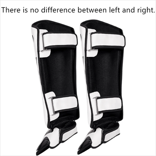 Mandotos kickboxing shin guards and Muay Thai leg protectors, padded and adjustable for martial arts training and competition.