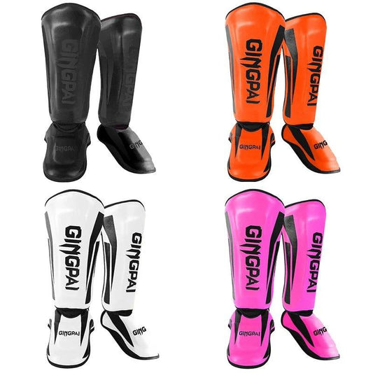 Mandotos kickboxing shin guards and Muay Thai leg protectors, black with padded design for combat sports protection