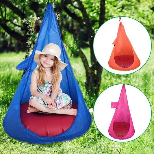 Kid's comfy hammock chair by MANDOTOS with colorful fabric, designed for children to relax and lounge comfortably.