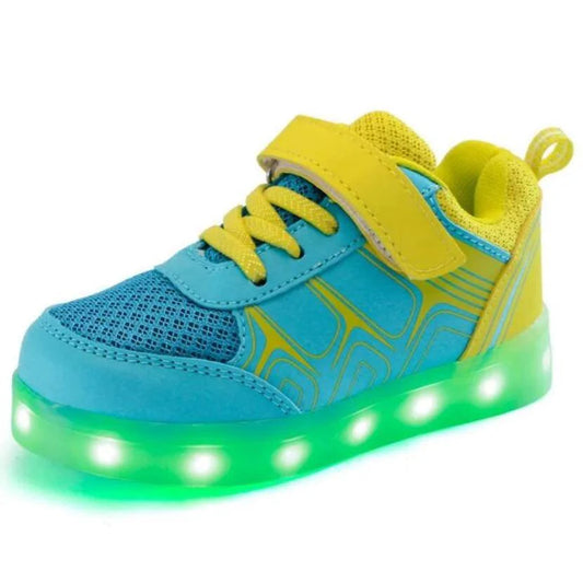 Kids luminous shoes by MANDOTOS with glowing soles and colorful designs, perfect for active children.
