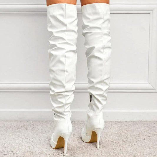 Mandotos women's knee-high long boots with super high heels, stylish party shoes for fashionable occasions.