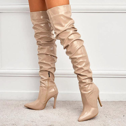 Mandotos women's knee-high long boots with super high heels, stylish party shoes for fashionable occasions.