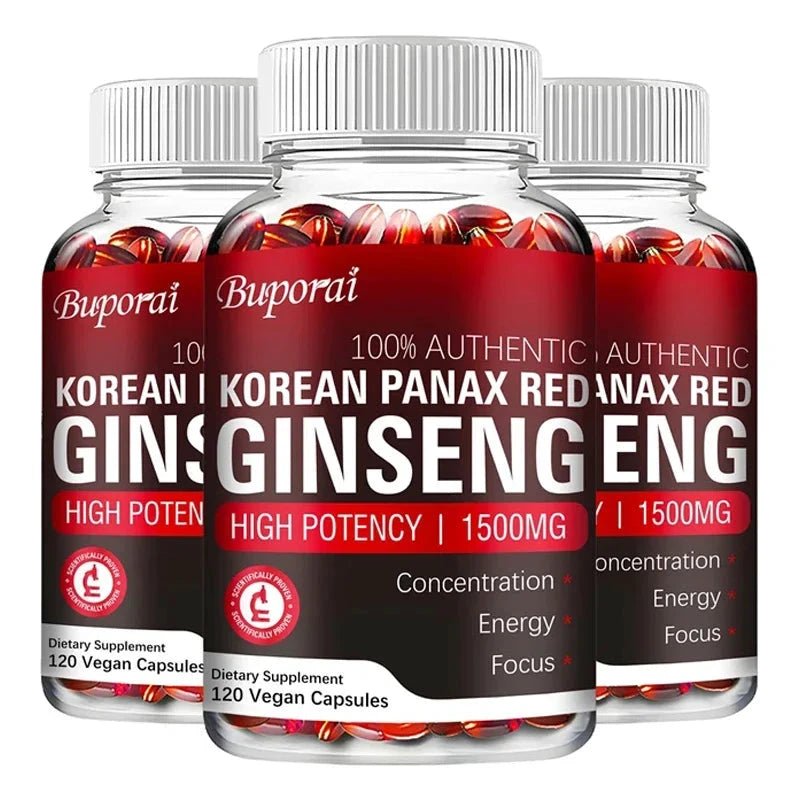 Mandotos Korean Red Panax Ginseng capsules for energy, mood, stamina, and mental health support, shown in a bottle with capsules