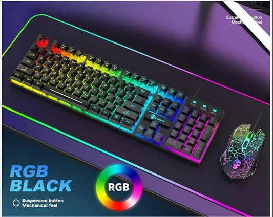 Mandotos Kuiying T6RGB luminous keyboard and mouse set with colorful backlit keys and sleek design for gaming and typing.