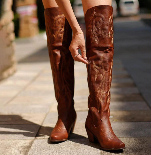 Mandotos ladies high heel ethnic embroidered over knee boots showcasing intricate embroidery and stylish design.