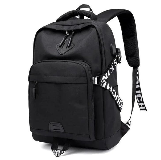 Mandotos laptop backpack with USB charging port, black, with multiple compartments and padded shoulder straps for travel and daily use.