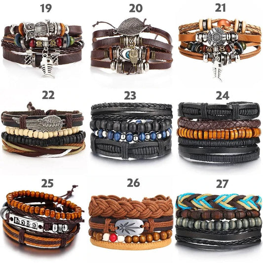 Mandotos layered leather charm bracelet with metal and leather accents, stylish accessory for casual or boho outfits