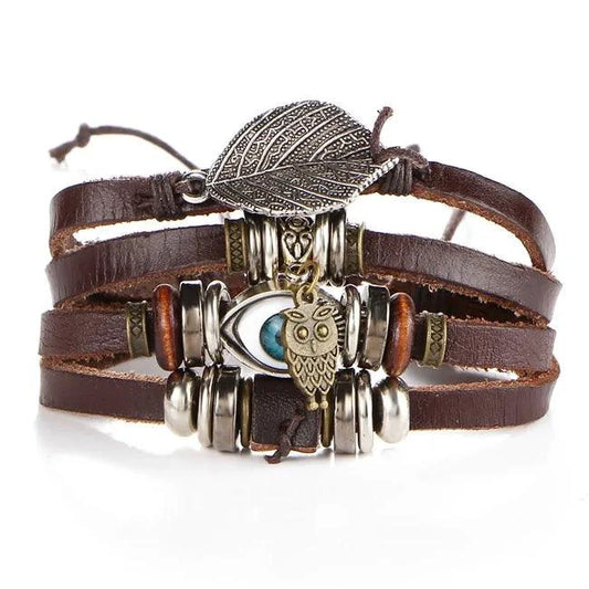Mandotos layered leather charm bracelet with metal and leather charms, stylish accessory for wrist fashion.