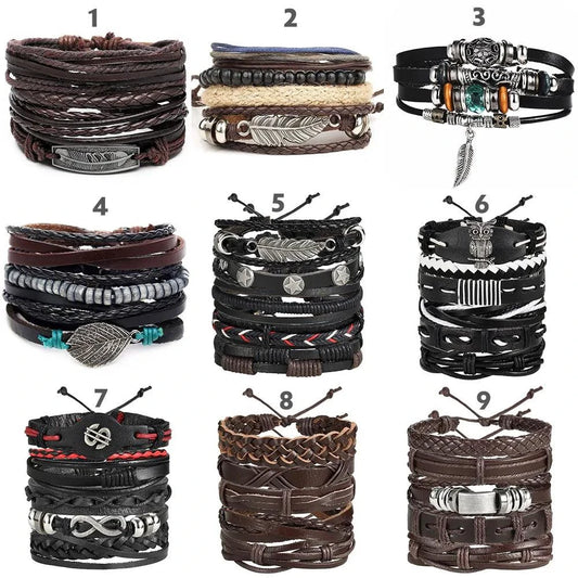 Mandotos layered leather charm bracelet with metal and leather strands, featuring small decorative charms, on a neutral background.