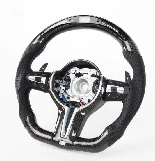 Mandotos LED Performance Steering Wheel with illuminated accents, black and silver design, and ergonomic grip for racing and driving enthusiasts.