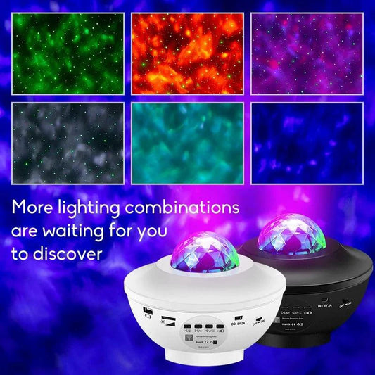 Mandotos LED Star Galaxy Projector Lamp projecting colorful star and galaxy patterns onto a wall in a dark room.