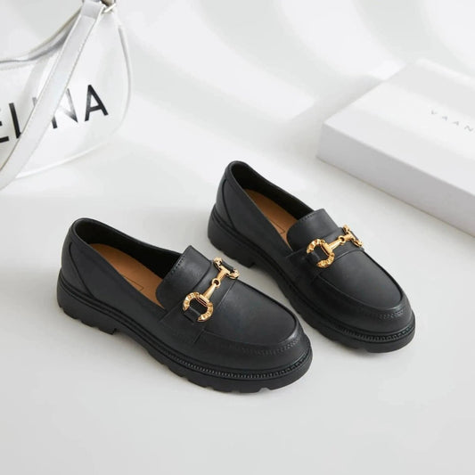 Mandotos women's loafers shoes with sleek black leather and classic slip-on design, ideal for casual or office wear.