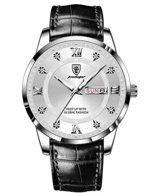 Luminous men's waterproof dual calendar watch by MANDOTOS showing time, date, and luminous dial in a close-up image.
