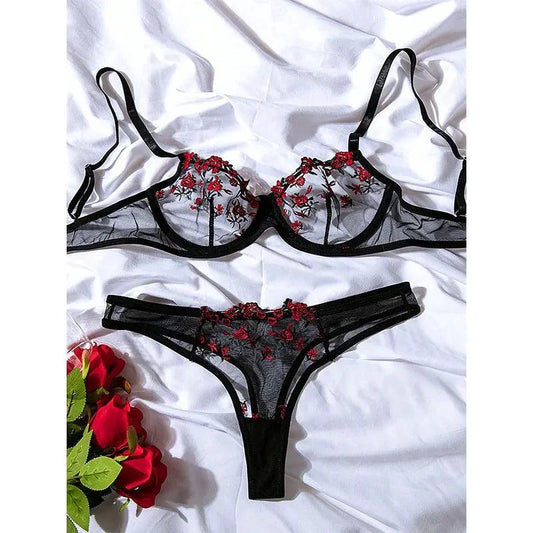 Mandotos Luxe Lingerie floral embroidery 2-piece set featuring delicate lace and satin fabric for a beautiful and alluring women's lingerie look.
