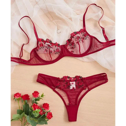 Mandotos Luxe Lingerie floral embroidery 2-piece set featuring delicate lace and intricate floral designs on soft fabric.