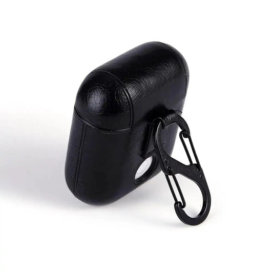 Mandotos Luxury AirPod leather protector showing sleek black leather case with precise cutouts for AirPods.