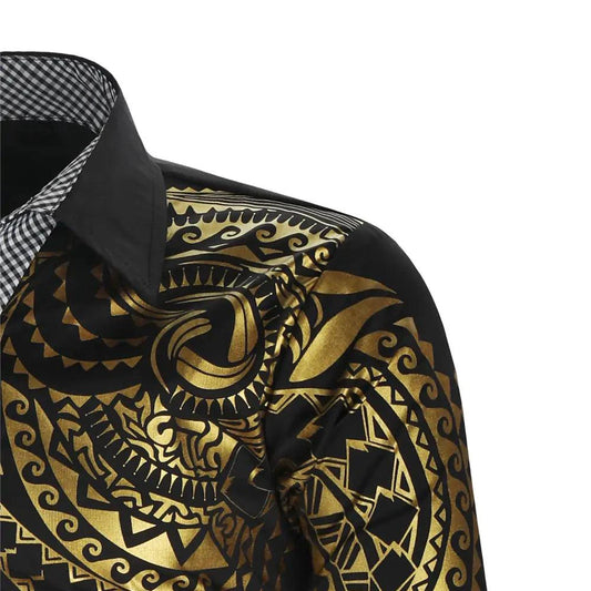 Mandotos luxury gold black men's slim fit long sleeve shirt with stylish design, perfect for formal or casual occasions.