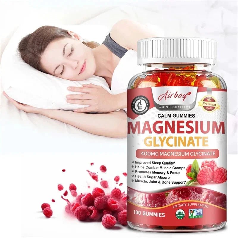 Mandotos Magnesium Glycinate Gummies in a jar, showing the colorful, chewable supplements for stress relief, sleep support, and muscle health.