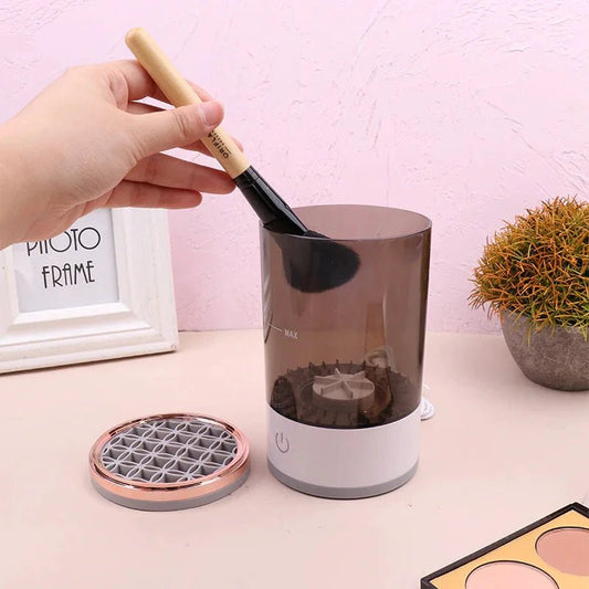 Mandotos makeup brush cleaner in a compact bottle with a pump dispenser for easy cleaning of cosmetics brushes.