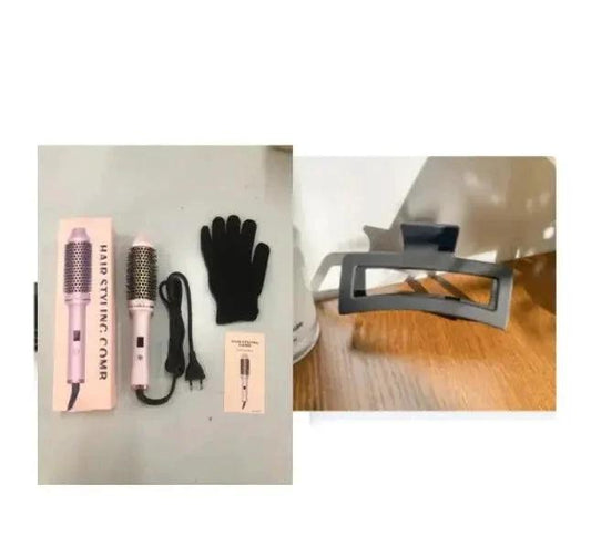 Mandotos 2-in-1 hair curler and straightener comb, black and silver, with ergonomic handle and heating plates for versatile styling