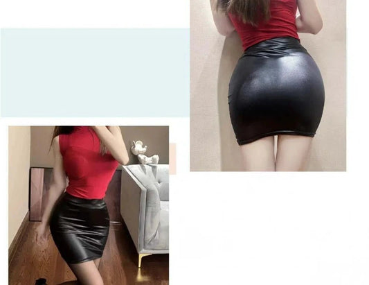 Mandotos black imitation leather high-waist pencil mini skirt for women, Korean fashion summer style, suitable for wholesale.
