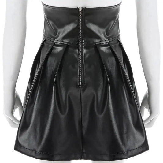 Mandotos black leather lace-up skirt with front detailing, stylish and fitted, designed for a trendy, edgy look.