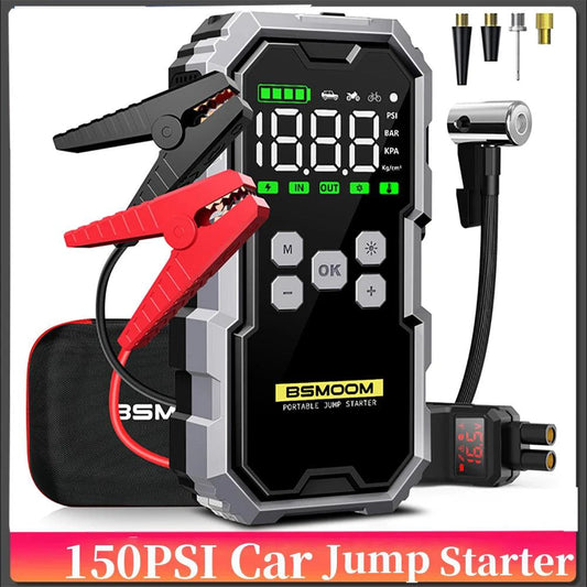 MANDOTOS Car Jump Starter Pro with Air Compressor, 6000A peak, 21800mAh capacity, LCD display, portable booster charger for vehicles.