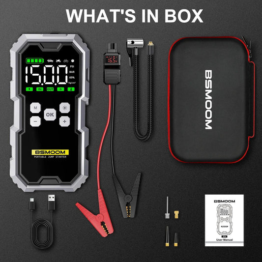 MANDOTOS Car Jump Starter Pro with air compressor, 6000A, 21800mAh, LCD display, portable booster charger in use.
